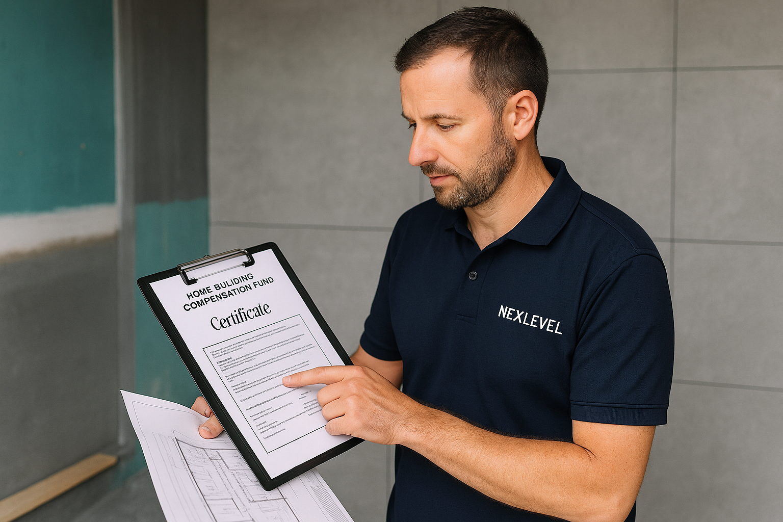 Building compliance NSW renovations – Nexlevel licensed builder reviewing HBCF certificate at renovation site in Northern Rivers